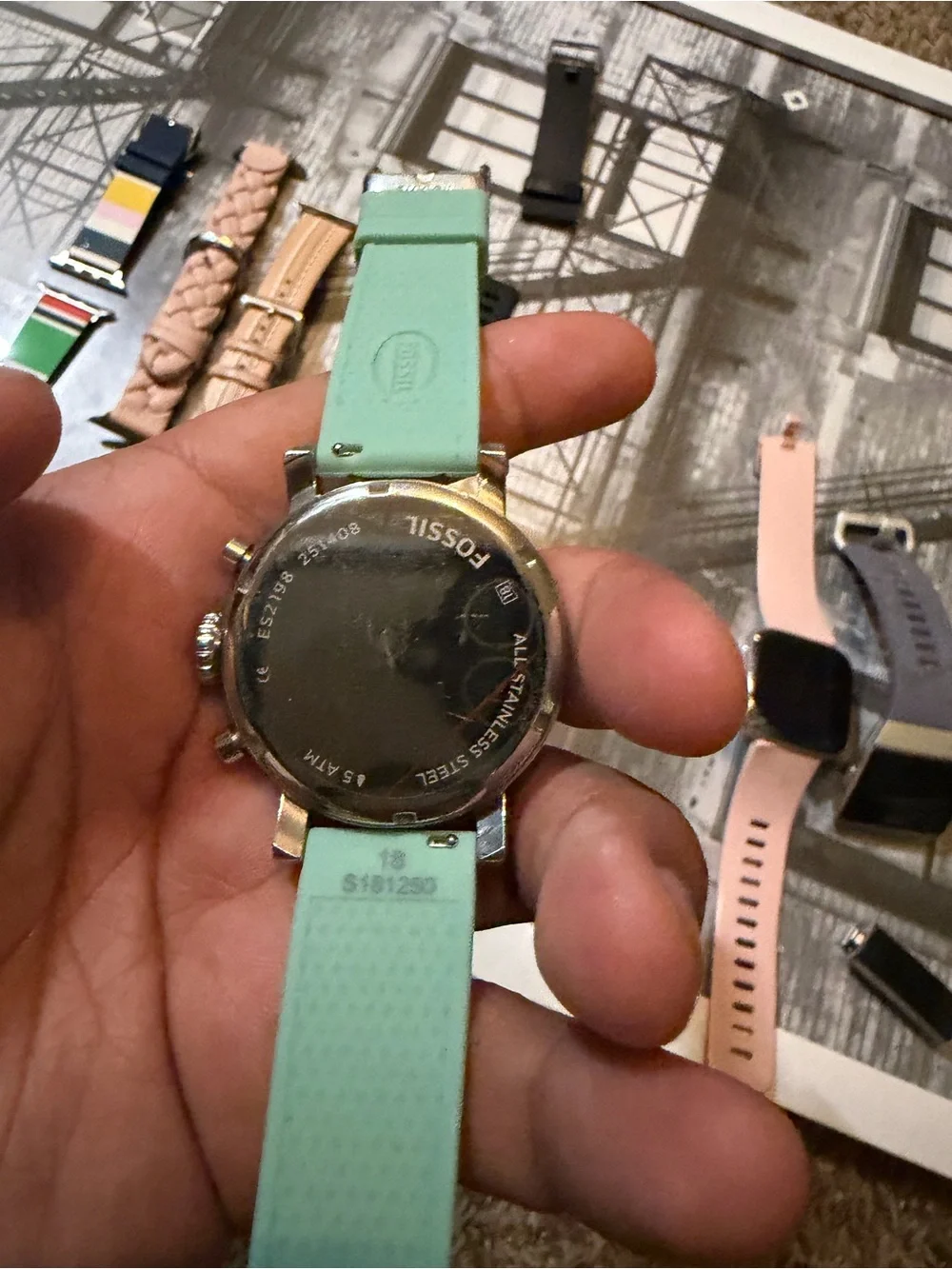 Fossil Silver Dial Watch with Mint Green Strap
